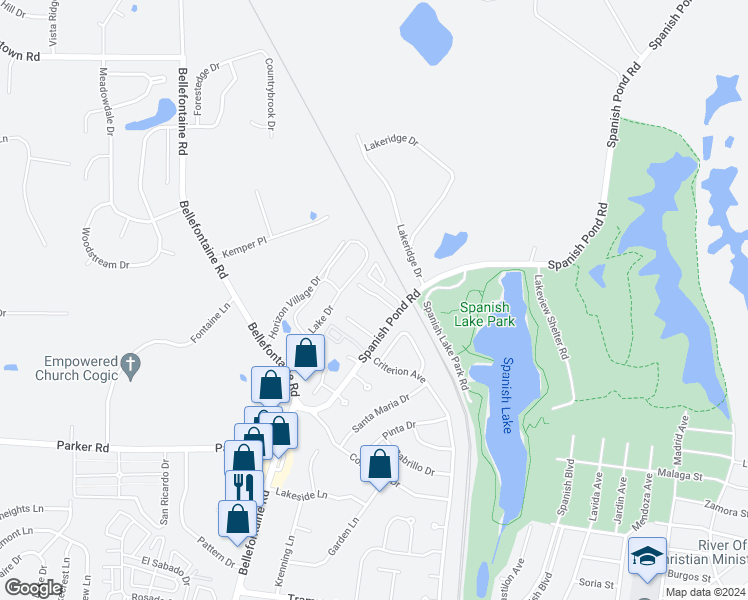 map of restaurants, bars, coffee shops, grocery stores, and more near 12431 Spanish Pond Road in St. Louis