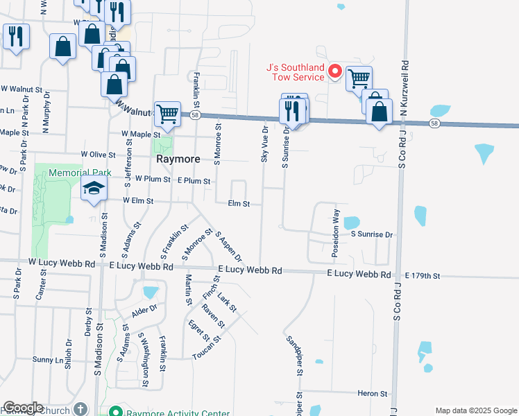 map of restaurants, bars, coffee shops, grocery stores, and more near 505 Sky Vue Drive in Raymore