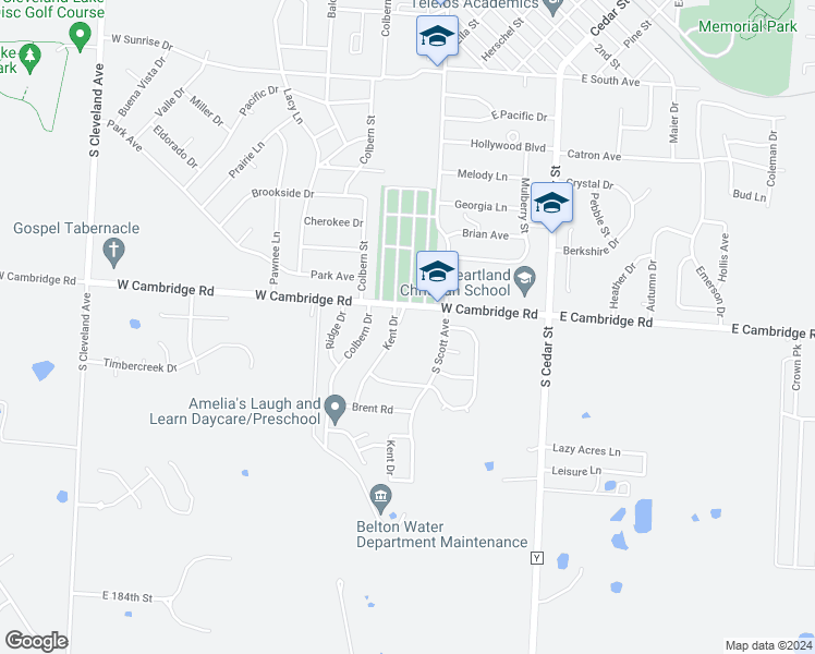 map of restaurants, bars, coffee shops, grocery stores, and more near 109 West Cambridge Road in Belton