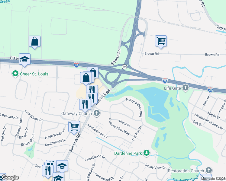 map of restaurants, bars, coffee shops, grocery stores, and more near 150 Salt Lick Road in St. Peters