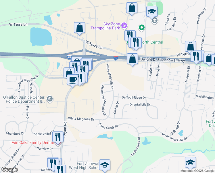 map of restaurants, bars, coffee shops, grocery stores, and more near 200 Sword Lily Drive in O'Fallon