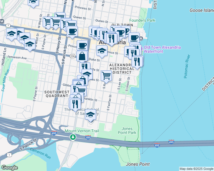 map of restaurants, bars, coffee shops, grocery stores, and more near 500 South Royal Street in Alexandria