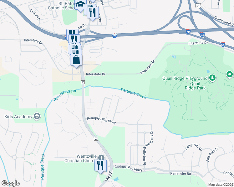 map of restaurants, bars, coffee shops, grocery stores, and more near 333 Pecan Bluffs Drive in Wentzville
