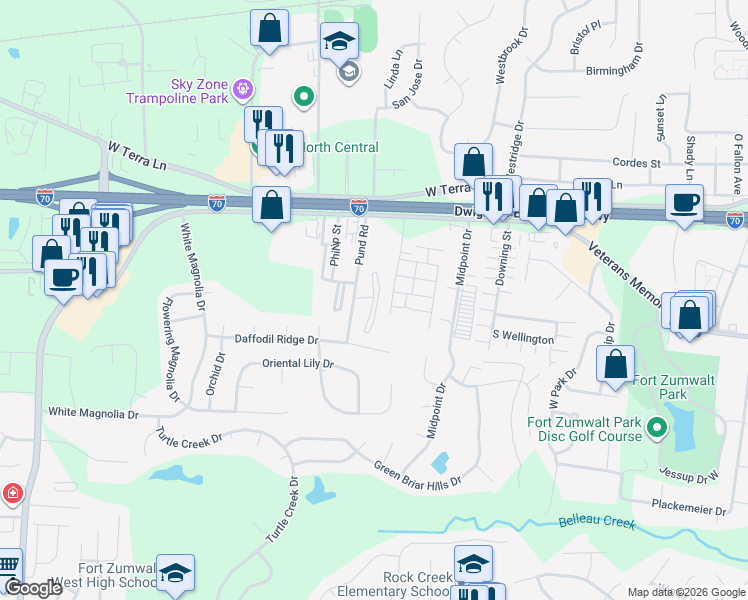 map of restaurants, bars, coffee shops, grocery stores, and more near Savannah Garden Drive in O'Fallon