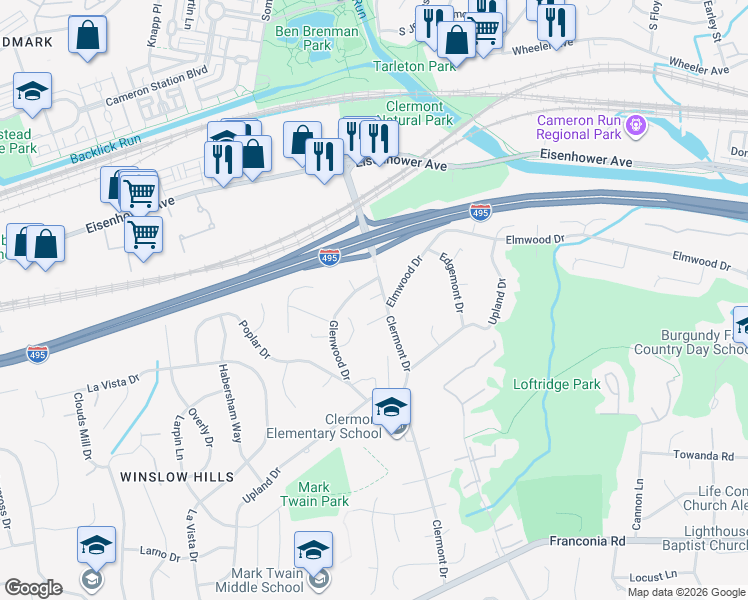 map of restaurants, bars, coffee shops, grocery stores, and more near 5604 Clermont Drive in Alexandria