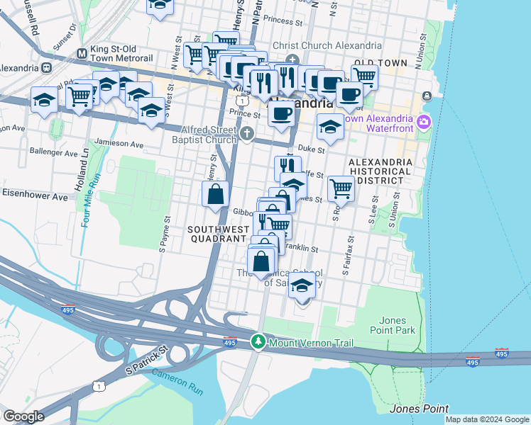 map of restaurants, bars, coffee shops, grocery stores, and more near 719 Gibbon Street in Alexandria
