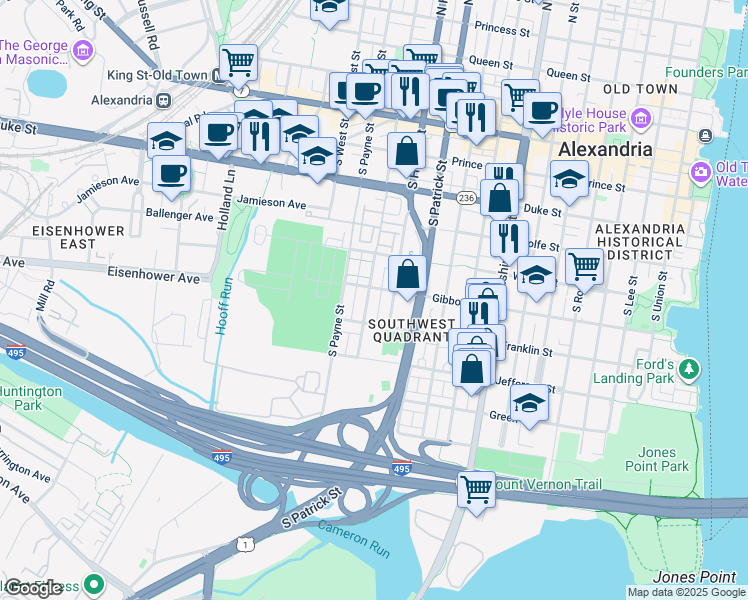 map of restaurants, bars, coffee shops, grocery stores, and more near 610 South Fayette Street in Alexandria