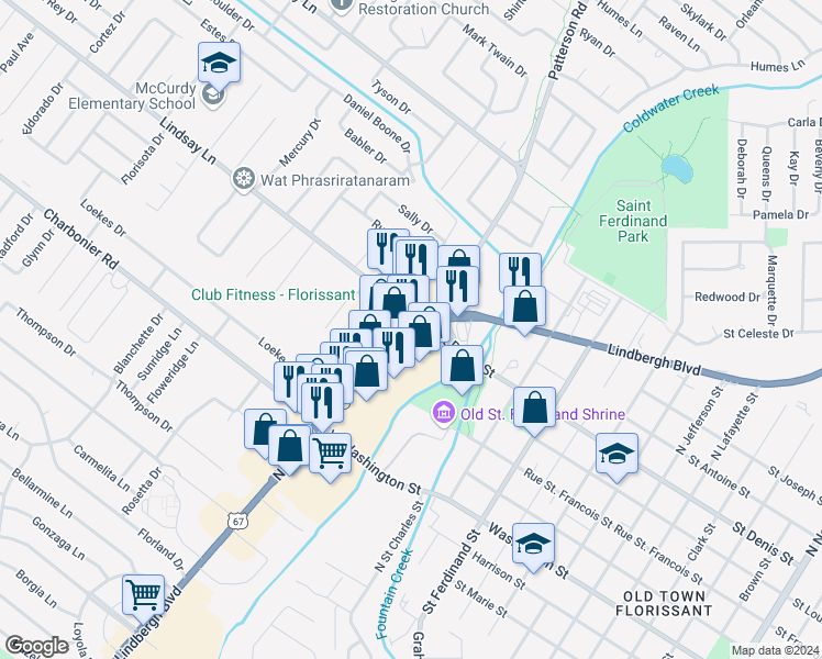 map of restaurants, bars, coffee shops, grocery stores, and more near 750 North Highway 67 in Florissant
