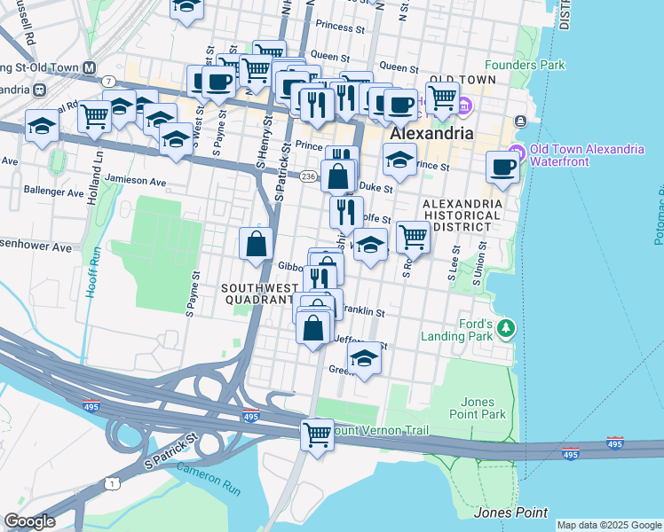 map of restaurants, bars, coffee shops, grocery stores, and more near 555 South Washington Street in Alexandria