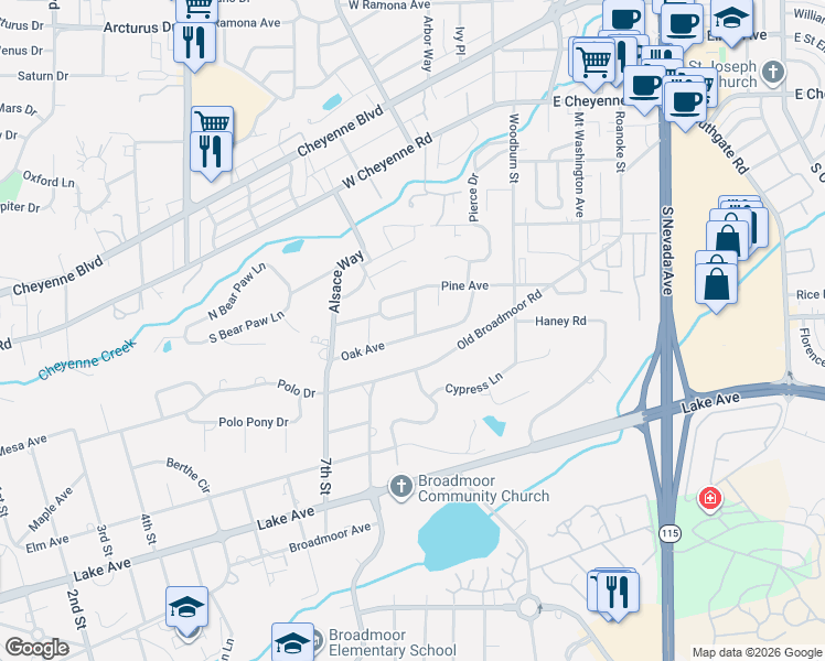 map of restaurants, bars, coffee shops, grocery stores, and more near 13 Oak Avenue in Colorado Springs