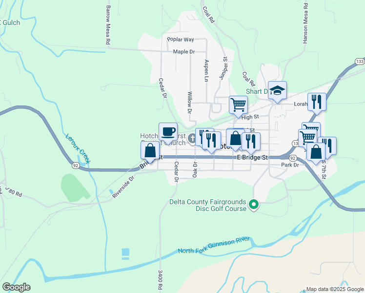 map of restaurants, bars, coffee shops, grocery stores, and more near 290 West Bridge Street in Hotchkiss