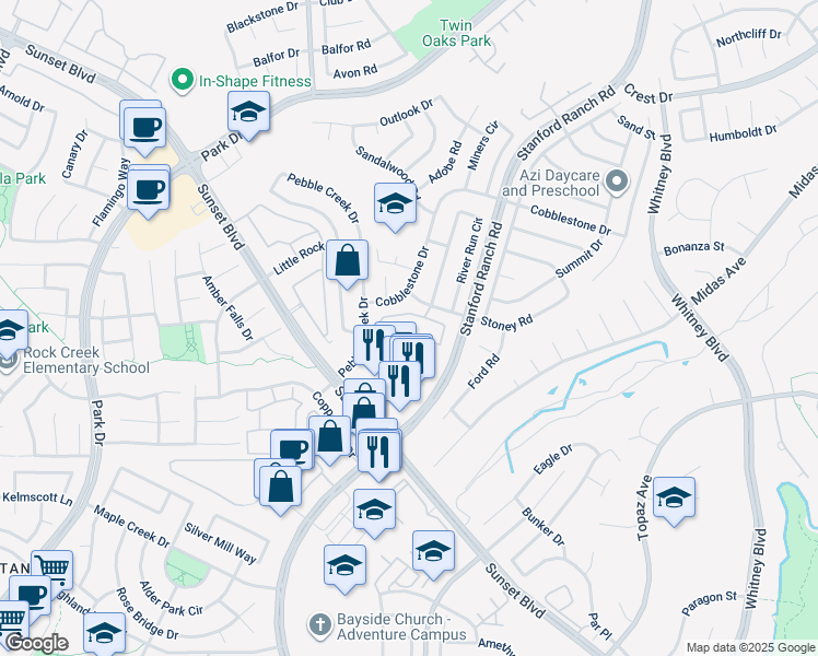 map of restaurants, bars, coffee shops, grocery stores, and more near 5800 Stanford Ranch Road in Rocklin