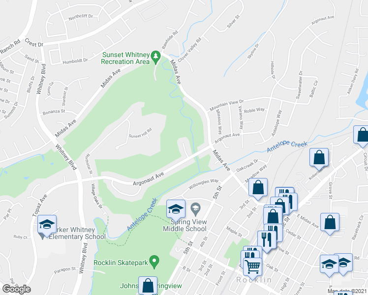 map of restaurants, bars, coffee shops, grocery stores, and more near 4735 Kennedy Court in Rocklin