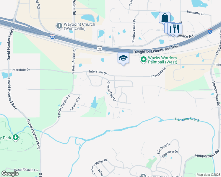map of restaurants, bars, coffee shops, grocery stores, and more near 1055 Chesterfield Drive in Wentzville