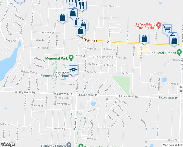 map of restaurants, bars, coffee shops, grocery stores, and more near 500 South Adams Street in Raymore