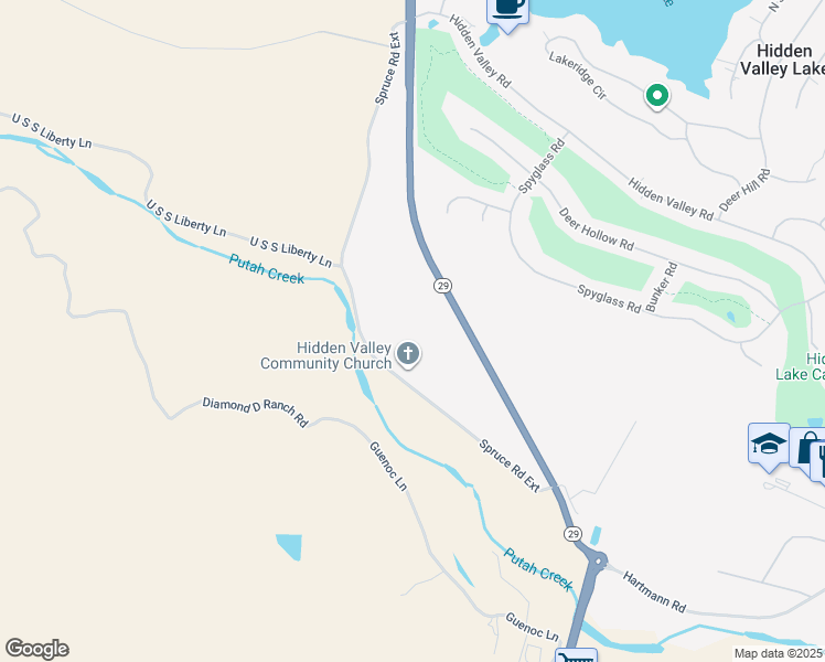 map of restaurants, bars, coffee shops, grocery stores, and more near 18100 Spruce Road Extension in Hidden Valley Lake