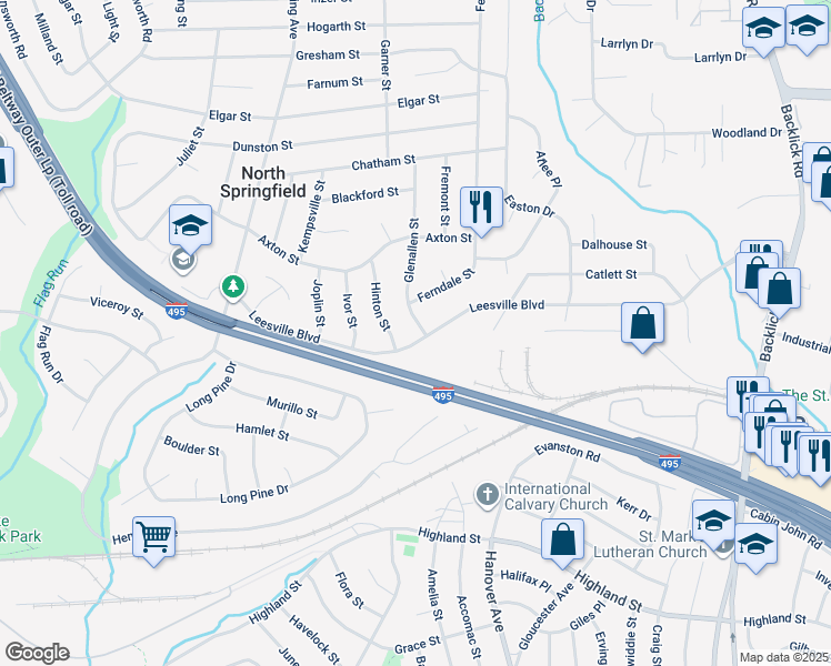 map of restaurants, bars, coffee shops, grocery stores, and more near 5525 Glenallen Street in Springfield