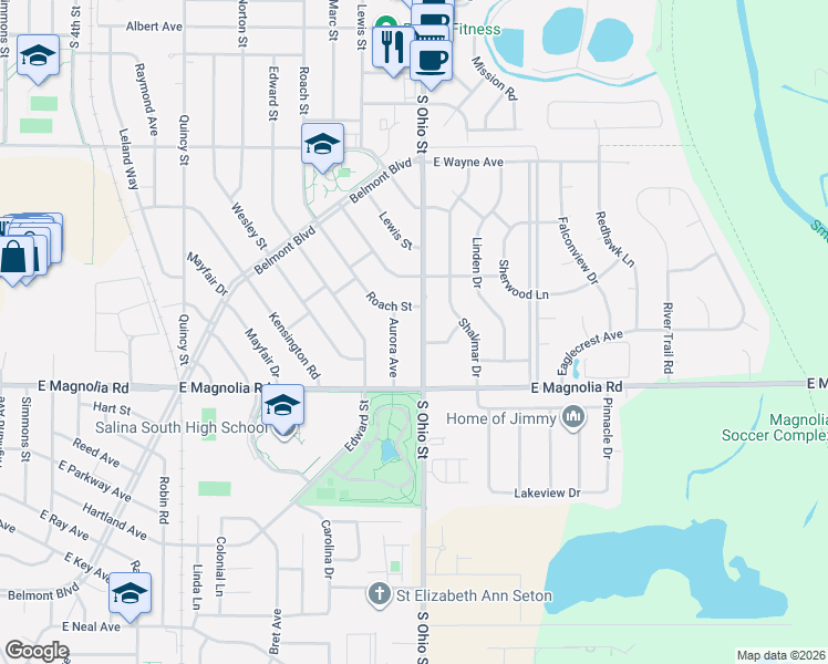 map of restaurants, bars, coffee shops, grocery stores, and more near 2344 South Ohio Street in Salina