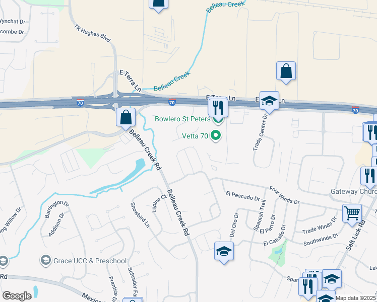 map of restaurants, bars, coffee shops, grocery stores, and more near 1102 Castle Pines Drive in Saint Peters