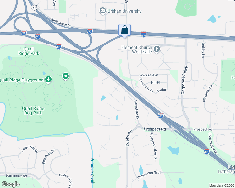map of restaurants, bars, coffee shops, grocery stores, and more near 1290 Interstate Drive in Wentzville