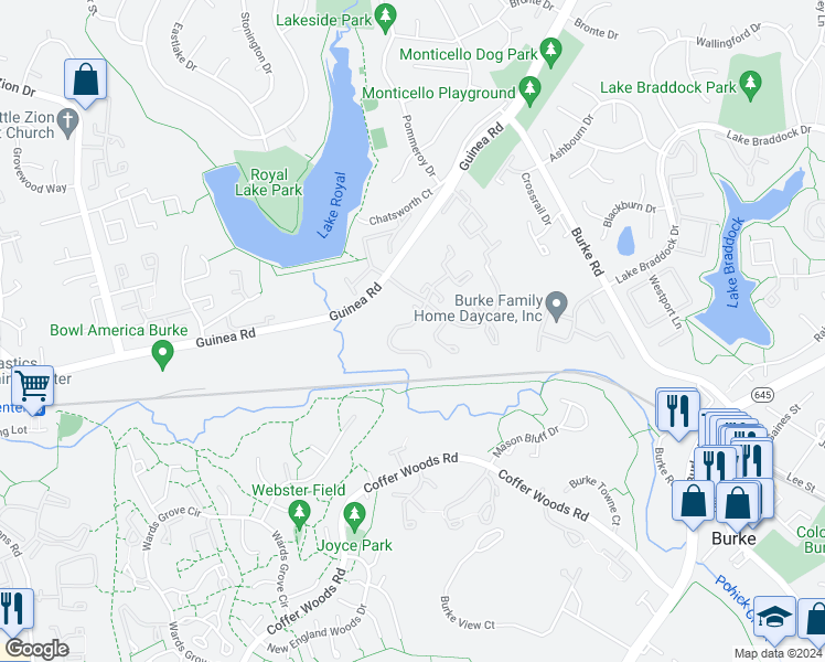 map of restaurants, bars, coffee shops, grocery stores, and more near 9927 Whitewater Drive in Burke