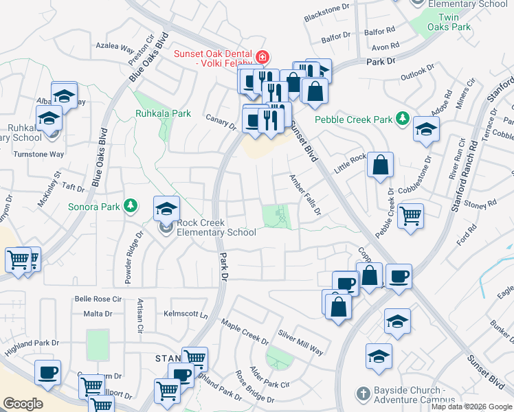 map of restaurants, bars, coffee shops, grocery stores, and more near 6154 Frost Ridge Way in Rocklin