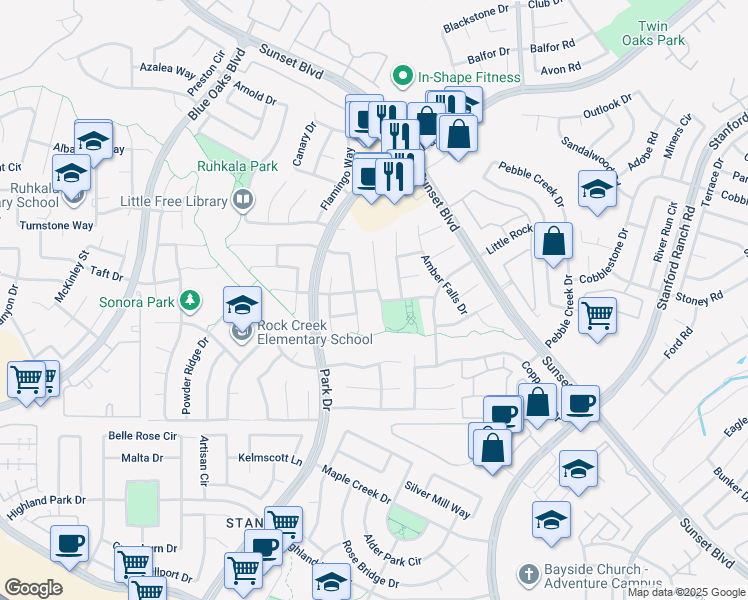 map of restaurants, bars, coffee shops, grocery stores, and more near 6154 Frost Ridge Way in Rocklin