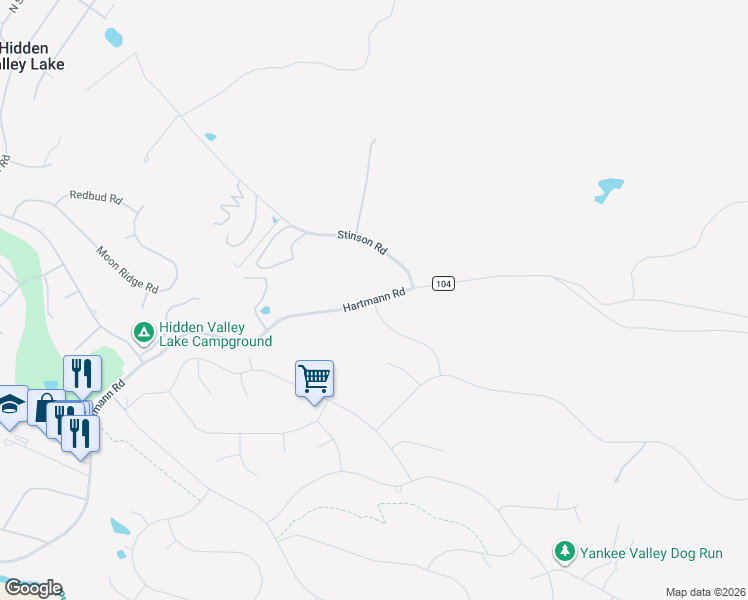 map of restaurants, bars, coffee shops, grocery stores, and more near Bowcher Ln & Hartmann Rd in Hidden Valley Lake