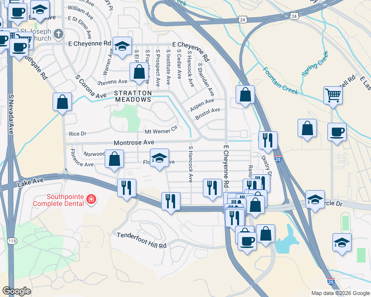 map of restaurants, bars, coffee shops, grocery stores, and more near 1202 Montrose Avenue in Colorado Springs