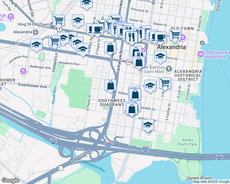 map of restaurants, bars, coffee shops, grocery stores, and more near S Patrick St & Gibbon St in Alexandria