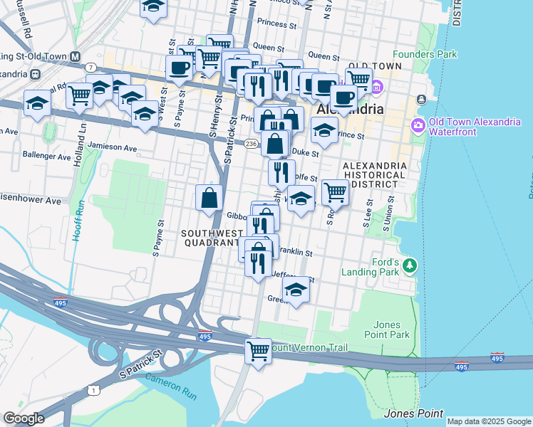 map of restaurants, bars, coffee shops, grocery stores, and more near 555 South Washington Street in Alexandria