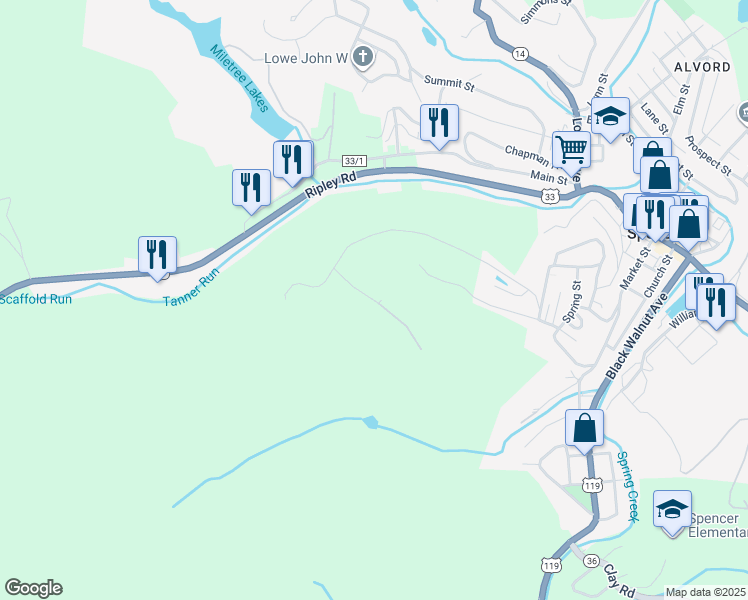 map of restaurants, bars, coffee shops, grocery stores, and more near 399 Chestnut St in Spencer