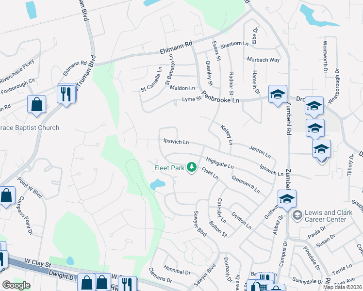 map of restaurants, bars, coffee shops, grocery stores, and more near 3428 Ipswich Lane in Saint Charles