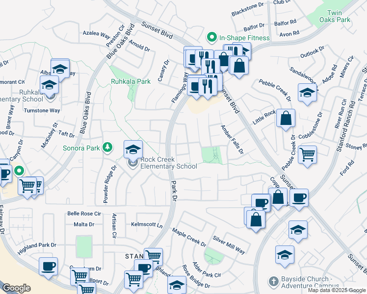 map of restaurants, bars, coffee shops, grocery stores, and more near 2230 Sandy Trail Way in Rocklin