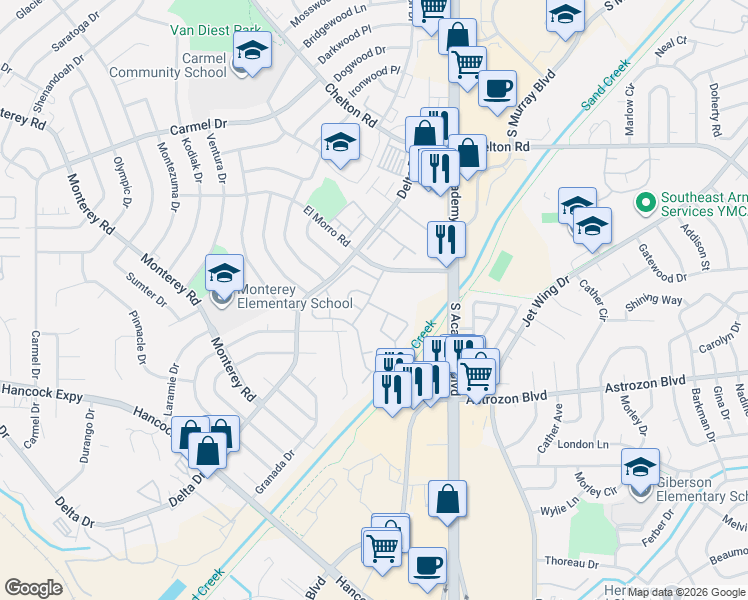 map of restaurants, bars, coffee shops, grocery stores, and more near 3655 El Morro Road in Colorado Springs