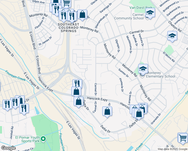 map of restaurants, bars, coffee shops, grocery stores, and more near 2205 Spring Blossom Drive in Colorado Springs