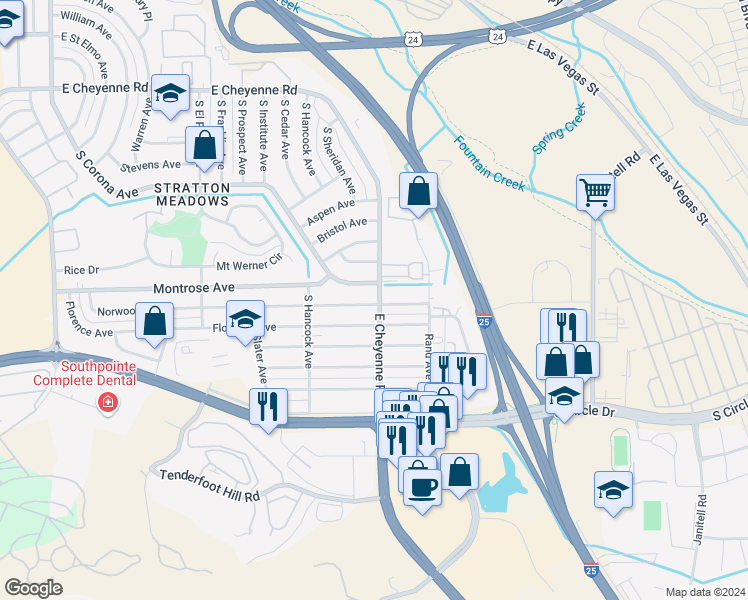 map of restaurants, bars, coffee shops, grocery stores, and more near 2222 South Corona Avenue in Colorado Springs