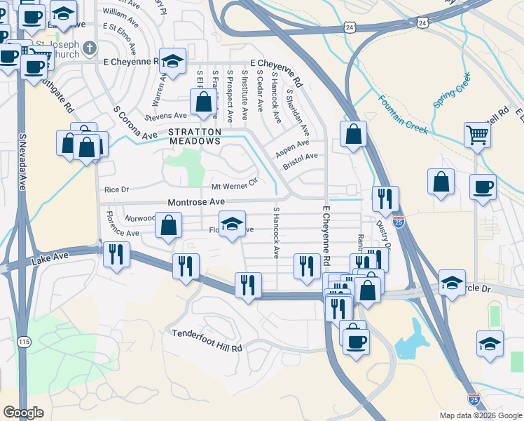 map of restaurants, bars, coffee shops, grocery stores, and more near 1130 Montrose Avenue in Colorado Springs