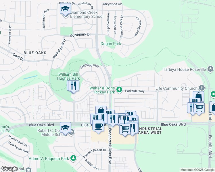 map of restaurants, bars, coffee shops, grocery stores, and more near 2612 McCloud Way in Roseville