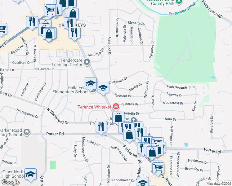 map of restaurants, bars, coffee shops, grocery stores, and more near 1550 Hollywood Lane in Florissant