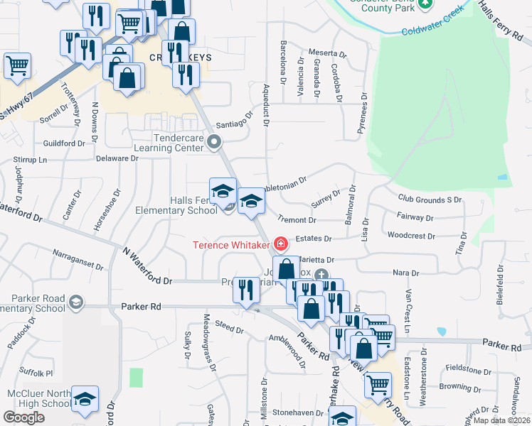 map of restaurants, bars, coffee shops, grocery stores, and more near 3350 Hambletonian Drive in Florissant