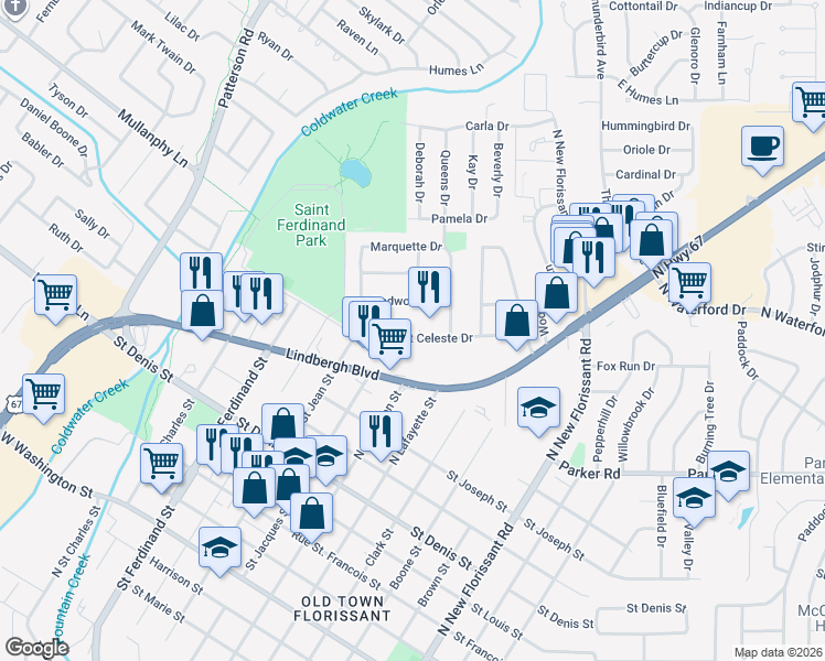 map of restaurants, bars, coffee shops, grocery stores, and more near 19 Saint Celeste Drive in Florissant