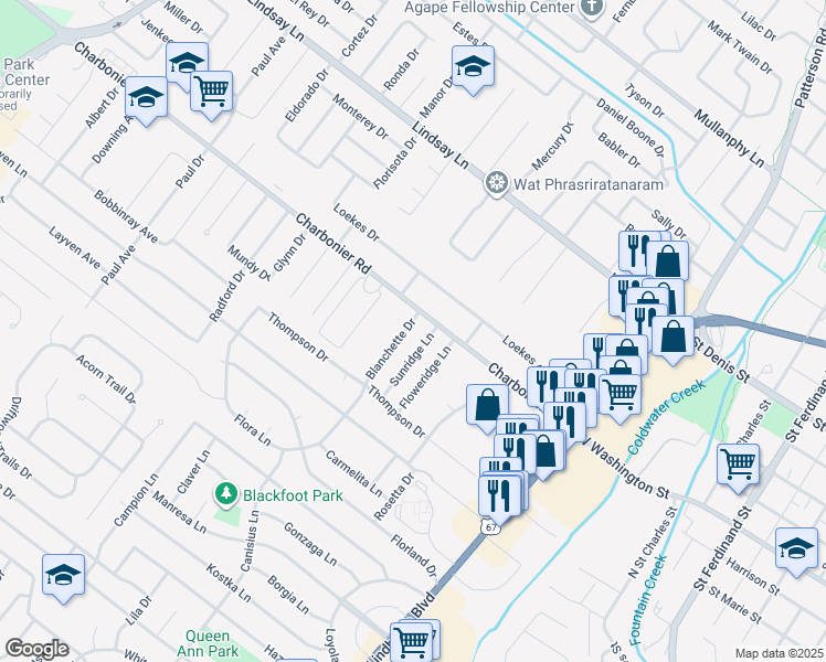 map of restaurants, bars, coffee shops, grocery stores, and more near 1 Blanchette Drive in Florissant