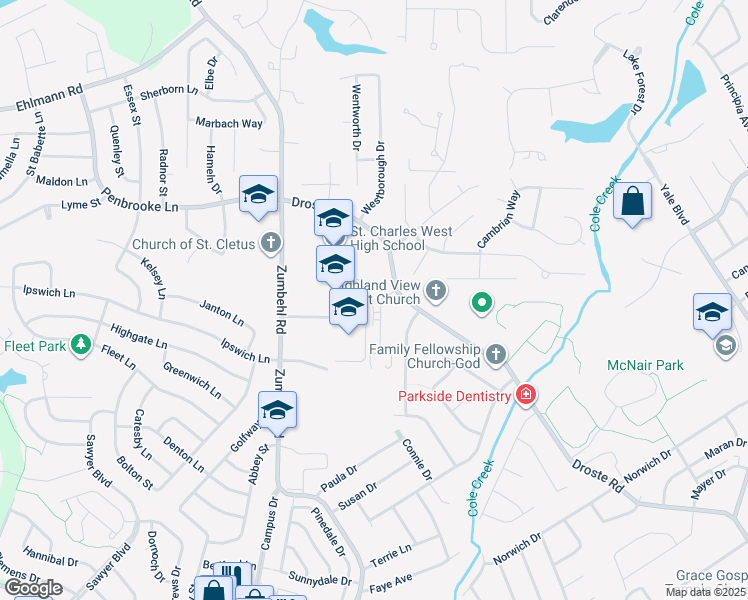 map of restaurants, bars, coffee shops, grocery stores, and more near 3401 Droste Road in Saint Charles