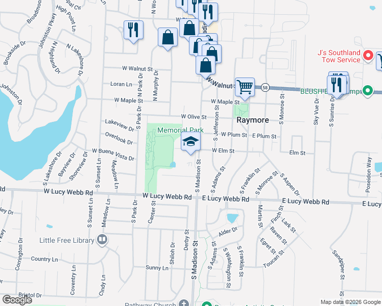 map of restaurants, bars, coffee shops, grocery stores, and more near 406 South Madison Street in Raymore