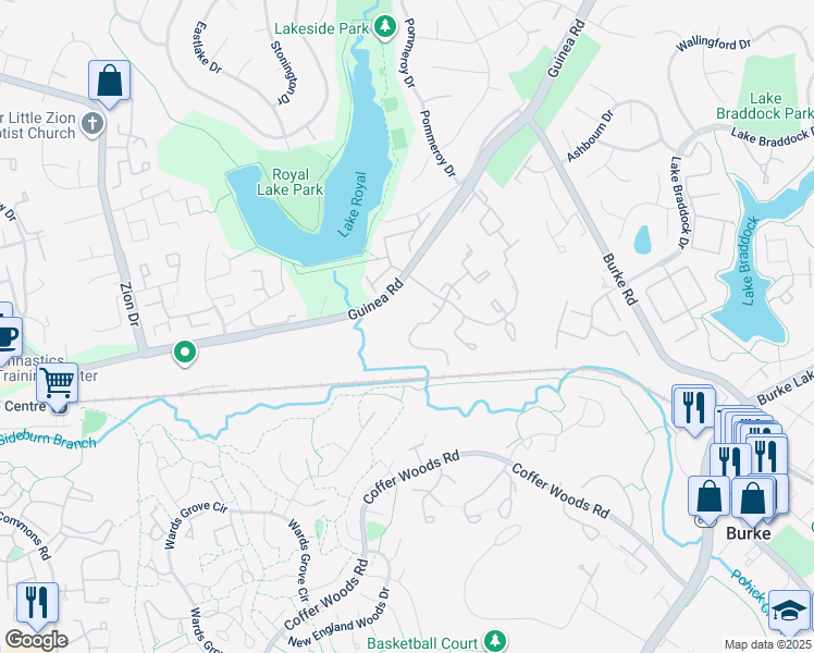 map of restaurants, bars, coffee shops, grocery stores, and more near 9942 Whitewater Drive in Burke