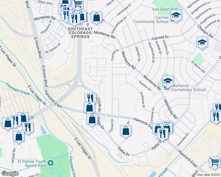 map of restaurants, bars, coffee shops, grocery stores, and more near 2205 Spring Blossom Drive in Colorado Springs