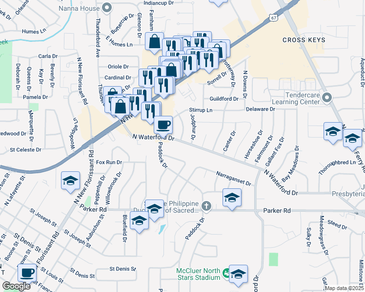 map of restaurants, bars, coffee shops, grocery stores, and more near 1630 Saddlespur Lane in Florissant