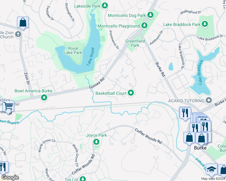 map of restaurants, bars, coffee shops, grocery stores, and more near 9923 Whitewater Drive in Burke