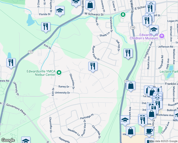map of restaurants, bars, coffee shops, grocery stores, and more near 11 Warwick Park Lane in Edwardsville